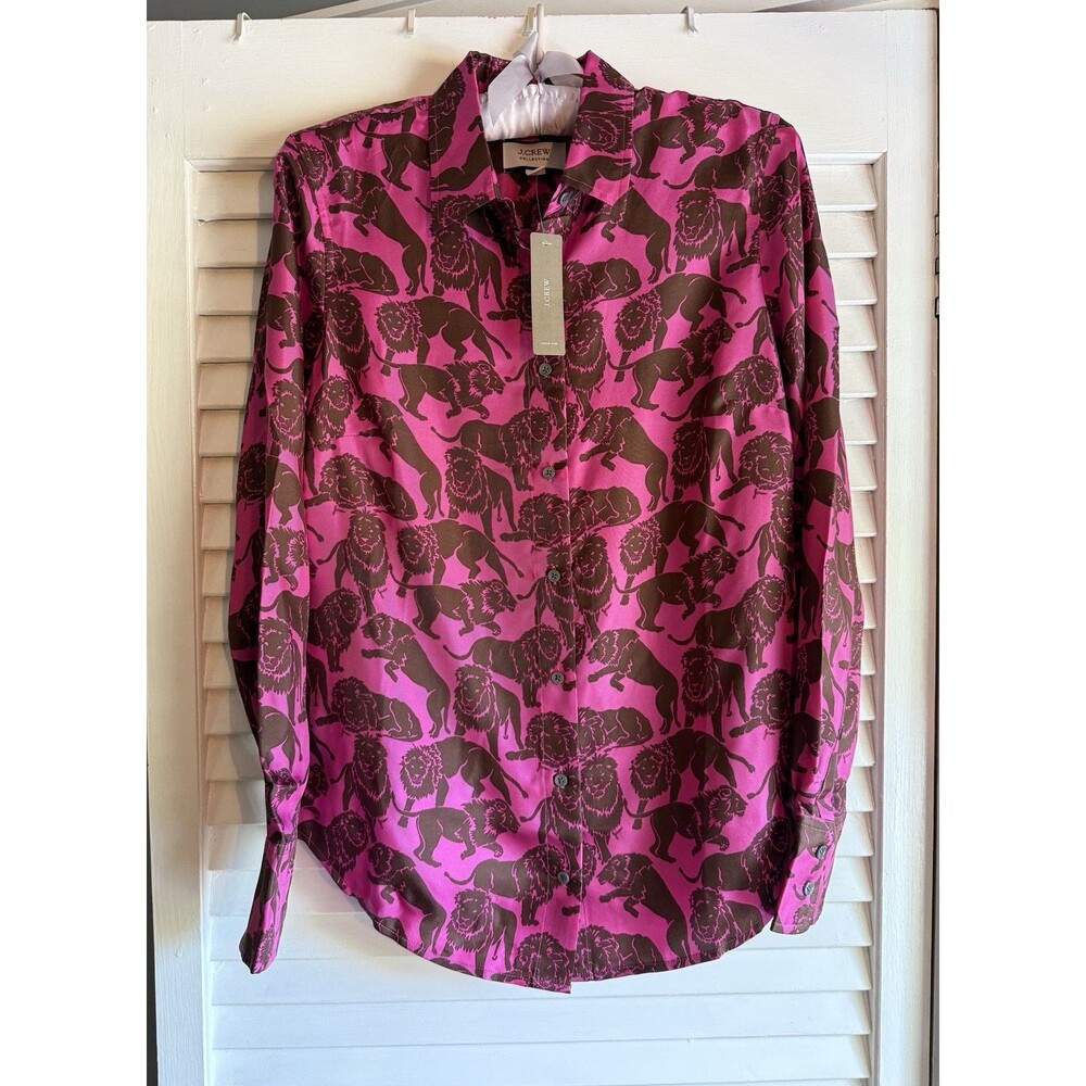 NWT J.Crew Collection Silk Button Up Shirt 2 Sleepy Lion Print Blouse Maximalist